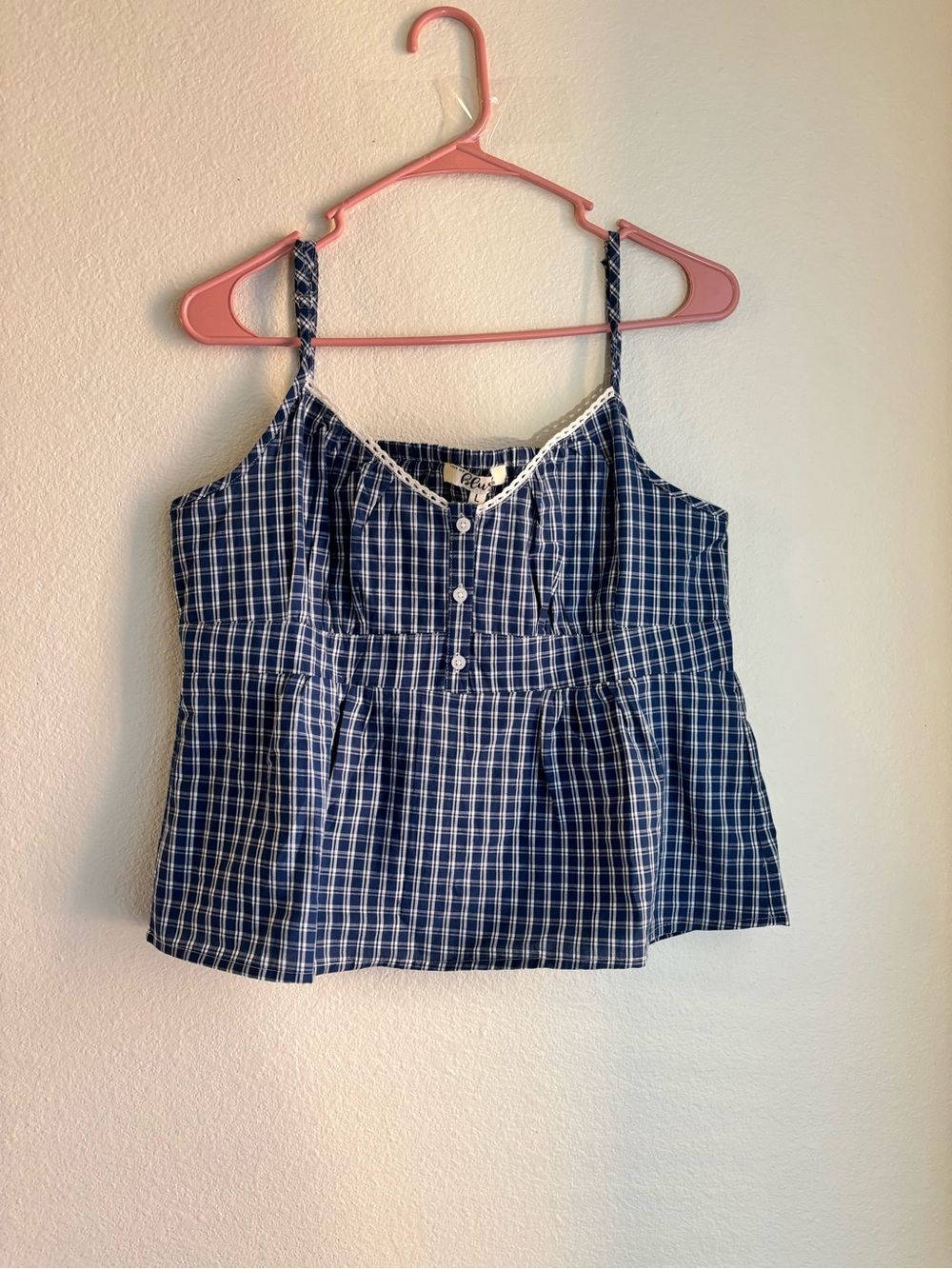 Navy Plaid Spaghetti Strap Tank with Lace Trim